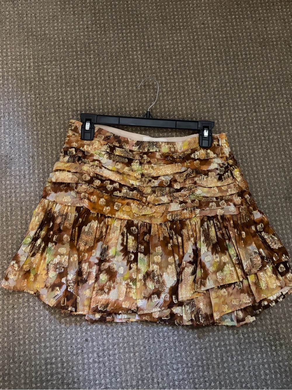 LoveShackFancy Brown and Gold Floral Ruffle Mini Skirt